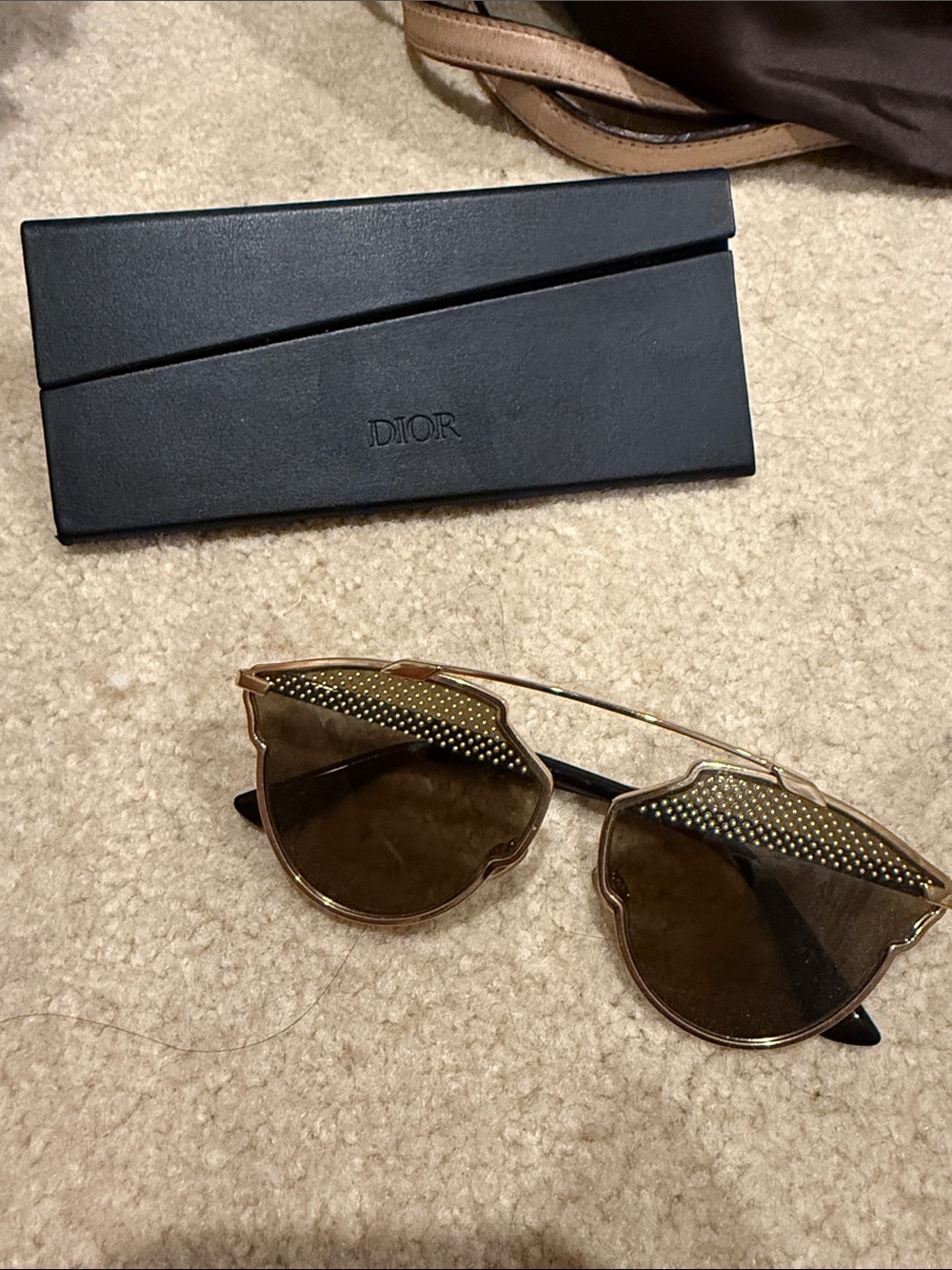 Dior Gold Frame Sunglasses with Brown Lenses and Perforated Top Trim